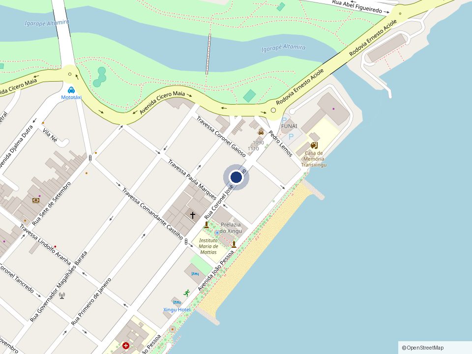 Mapa do Centro de Altamira com o Posto Vicom marcado na Rua Coronel José Porfírio, perto do rio Xingu